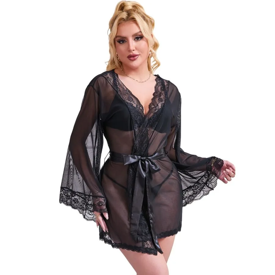 Subblime - Transparent Fabric Robe with Lace Detail Black