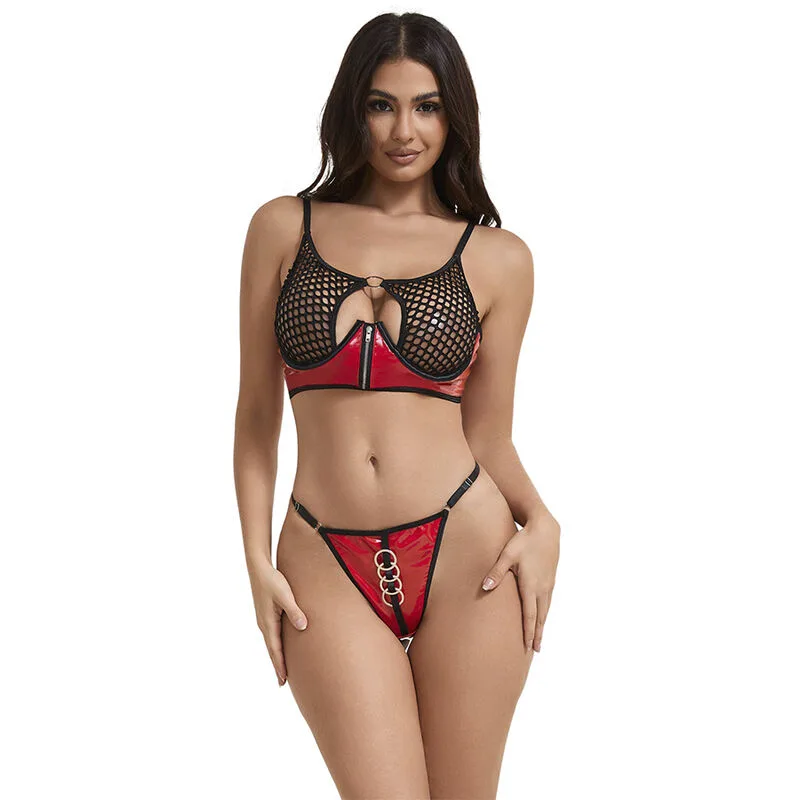 Subblime - 955533 Red Patent Leather Mesh Zipper Bra Set S/M