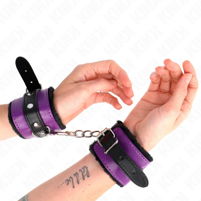 Kink - Premium Fur Lined Wrist Restraints Black with Purple / Black Belt Adjustable 17-29 cm X 6 cm