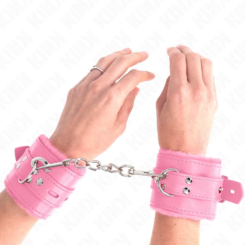 Kink - Fur Lined Wrist Restraints with Square Holes Pink and Pink Belt Adjustable 17-29 cm X 6 cm