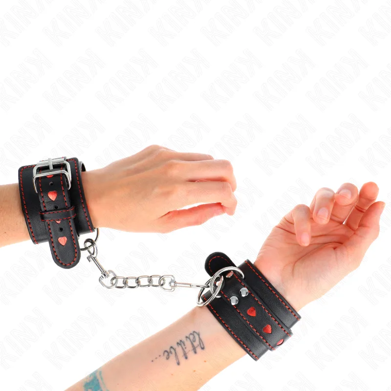 Kink - Black Wrist Restraints with Red Heart Inlay Adjustable 21-28 cm X 5.5 cm