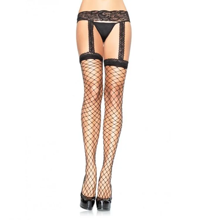 Leg Avenue - Fishnet Stockings with Black Lace Garter Garter