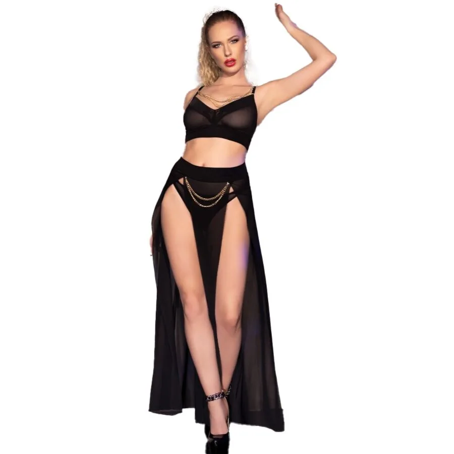 Chilirose - Cr 4672 Black Top Skirt and Thong with Golden Chains