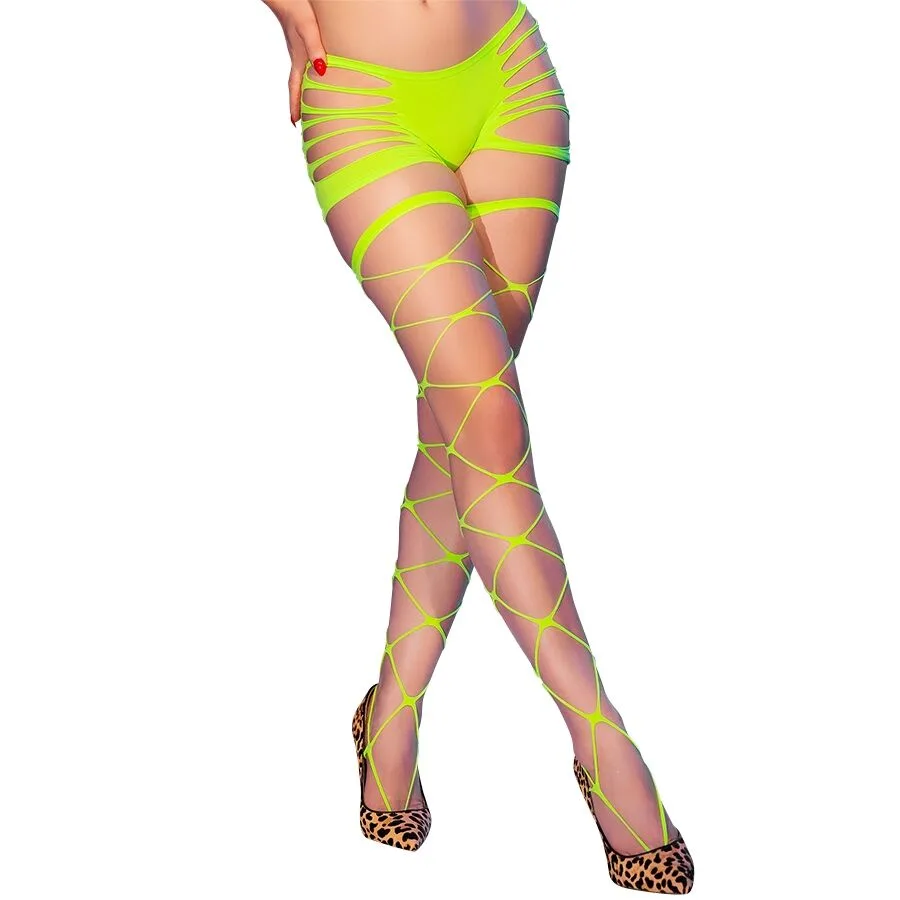 Chilirose - Cr 4867 Neon Green Fishnet Tights with Holes