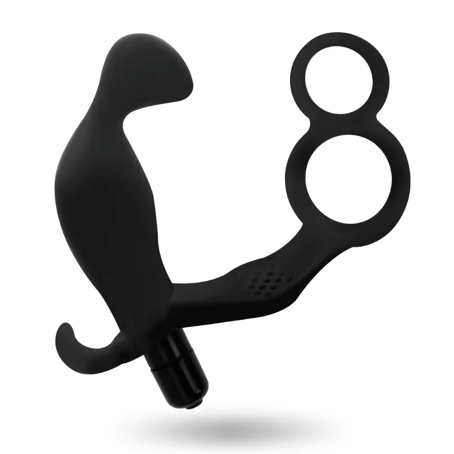 Addicted Toys - Anal Plug with Double Penis Ring and Testicles Black