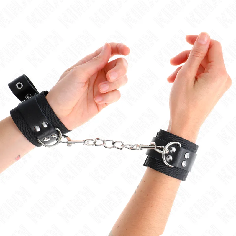 Kink - Nylon Wrist Restraints Black with Leather Belt Black Adjustable 19-29 cm X 5.1 cm