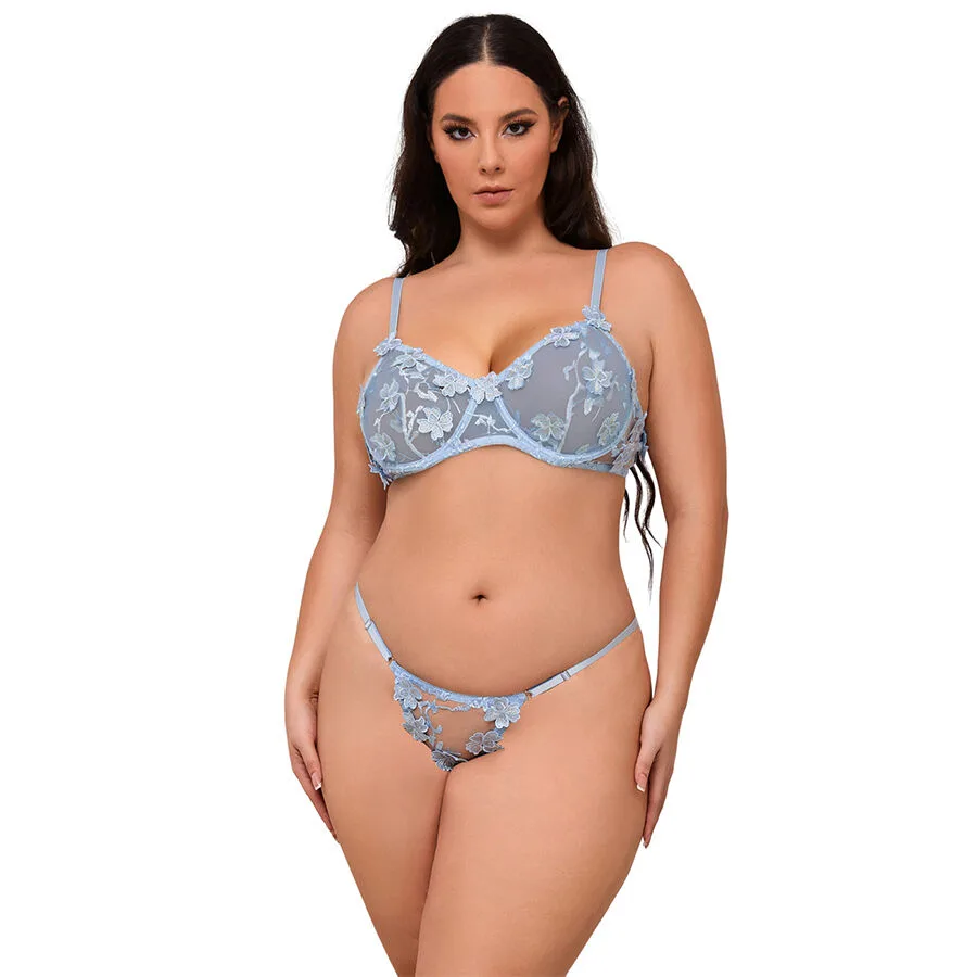 Subblime - 957636 Flower Embroidered Bra and Panties Set Sky Blue L/XL
