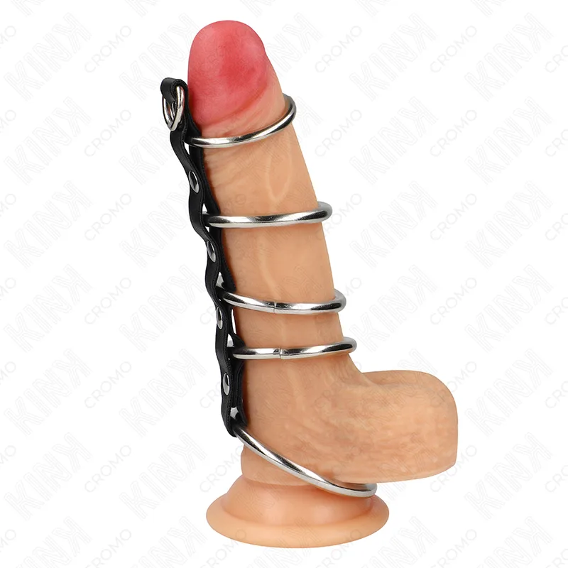 Kink - 5 Metal Penis Rings 3.2 cm to 5 cm Connected By Leather
