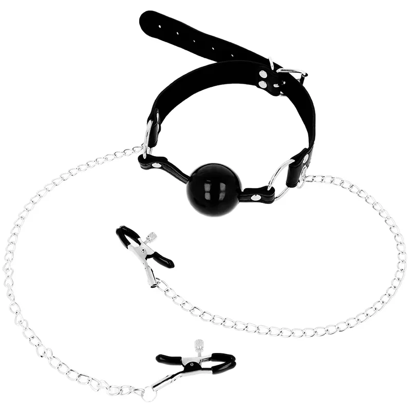 Ohmama Fetish Black Ball Gag with Nipple Clamps