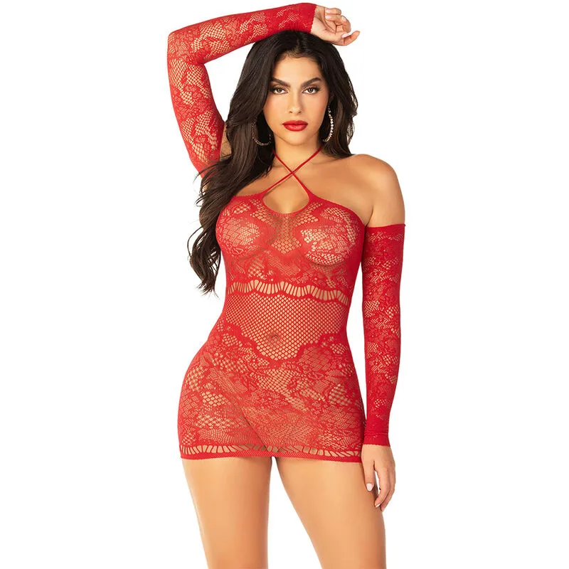 Leg Avenue - Off-Shoulder Long-Sleeved Mesh Mini Dress Red
