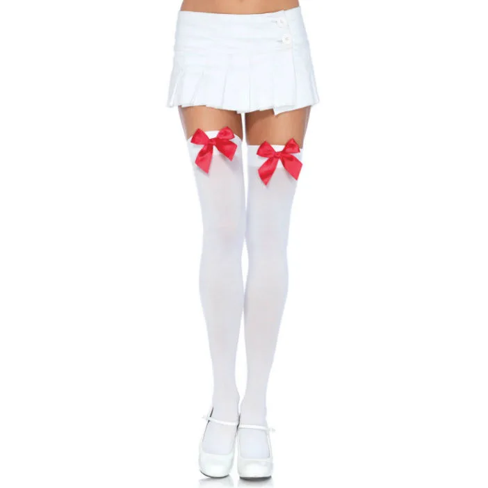 Leg Avenue - Nylon Thigh Highs with Bow White / Red