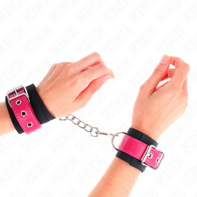 Kink - Nylon Wrist Restraints Black with Leatherette Belt Raspberry Rose Adjustable 19-29 cm X 5.1 cm