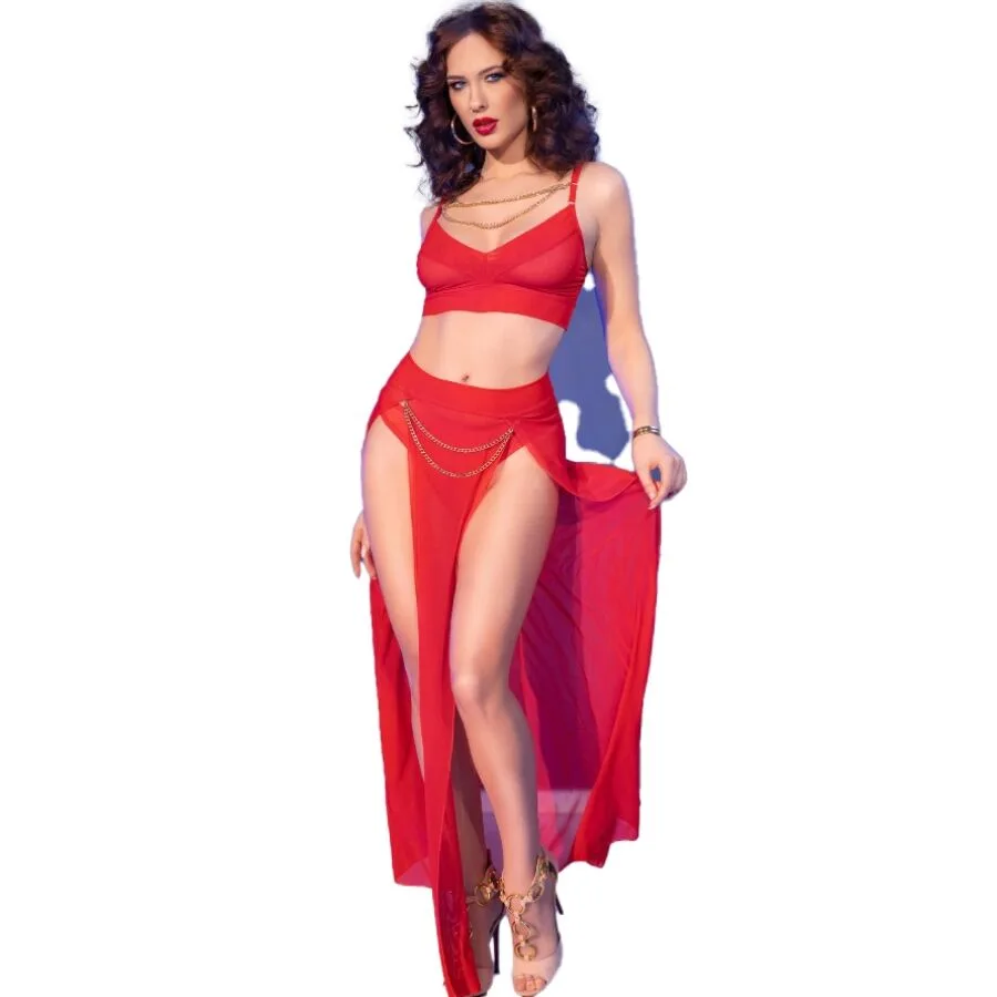 Chilirose - Cr 4850 Red Top and Leggings Set with Golden Accessories