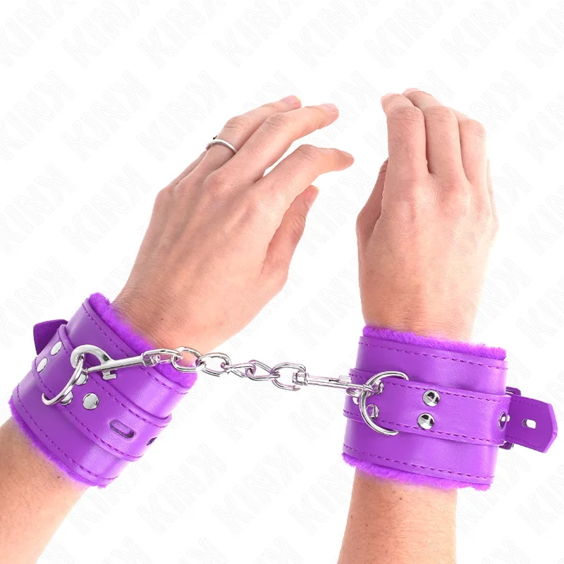 Kink - Fur Lined Wrist Restraints with Square Holes Purple and Purple Belt Adjustable 17-29 cm X 6 cm