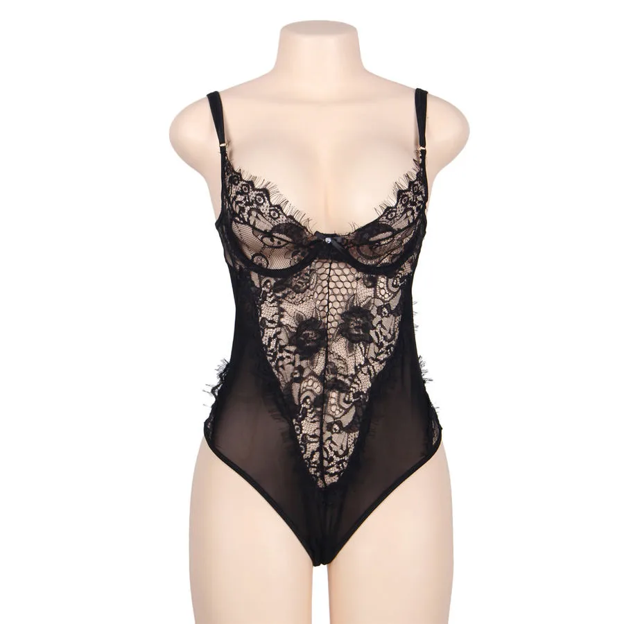 Subblime - Queen Plus Floral Lace and Fringed Black Teddy
