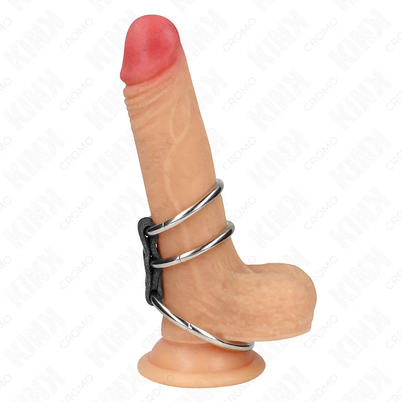 Kink - Triple Metal Penis Ring 3.7 cm to 5 cm Connected with Leather