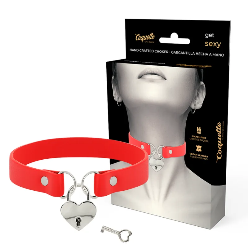 Coquette Chic Desire - Red Vegan Leather Necklace with Heart Accessory with Key