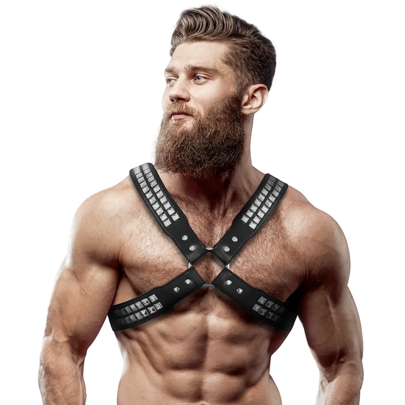Fetish Submissive Attitude - Mens Crossed Chest Eco-Leather Harness with Rivets