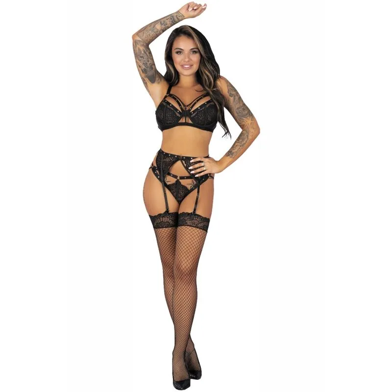 Livco Corsetti Fashion - Pojzon Lc 90670 Bra + Garter Belt + Stockings + Panty Black L/XL