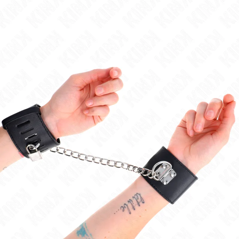 Kink - Fixed Wrist Restraints with Chain 30 cm and Padlock Closure Black Adjustable 16-23 cm X 5.5 cm