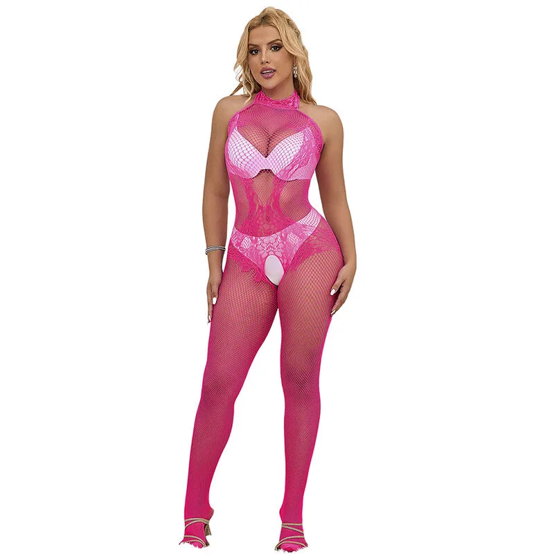 Subblime - 952389 Fishnet and Lace Crotchless Bodystocking with High Neck Pink One Size