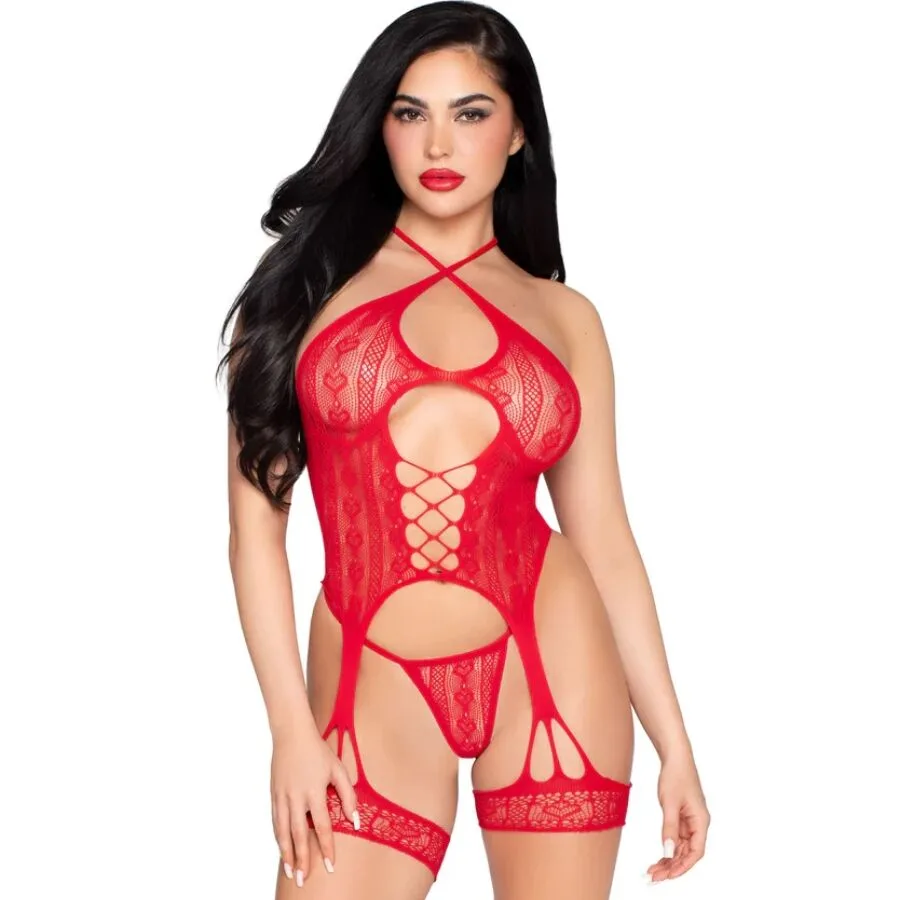 Leg Avenue - 89338 Lace Open Bodysuit with Garter Belt + Thong Red - One Size