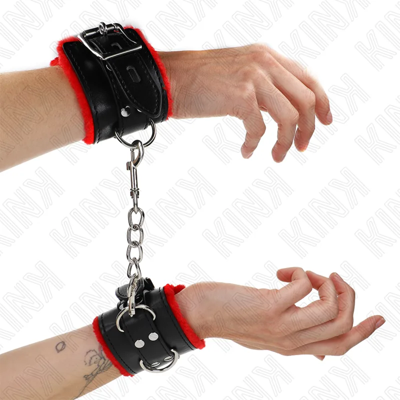 Kink - Fur Lined Wrist Restraints with Square Holes Red and Black Belt Adjustable 17-29 cm X 6 cm