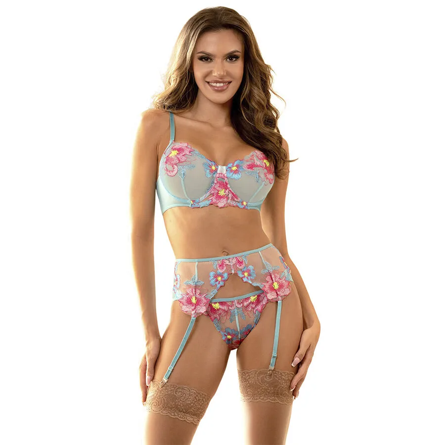 Subblime - 957643 Flower Embroidered Bra and Garter Belt Set Pink