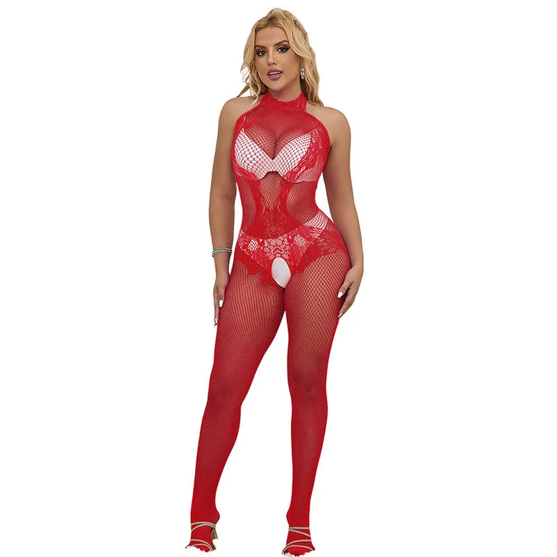 Subblime - 952372 Fishnet and Lace Crotchless Bodystocking with High Neck Red One Size