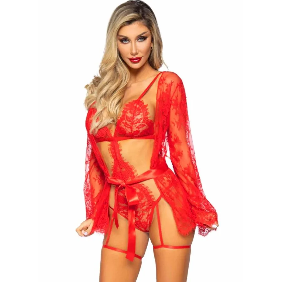 Leg Avenue - 86123 Teddy + Garter Robe Set Red Size M