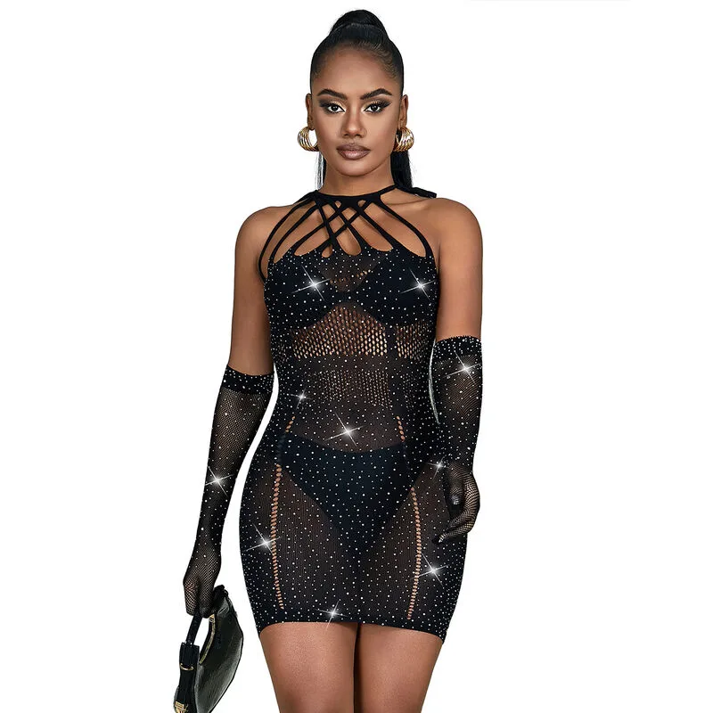 Subblime - 952235 Fishnet Dress with Rhinestones Black One Size