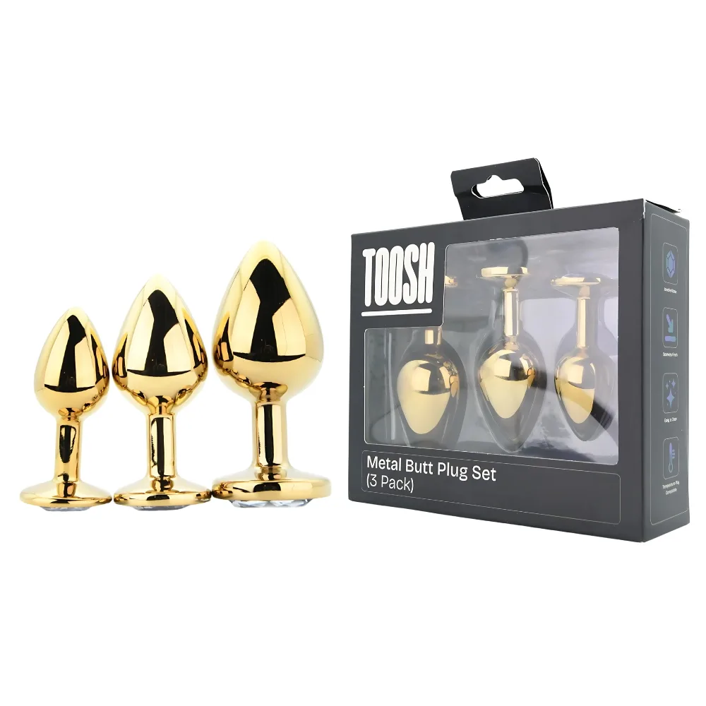 Toosh Plug Anal de Metal Dourado Conjunto de 3 Pedra Transparente