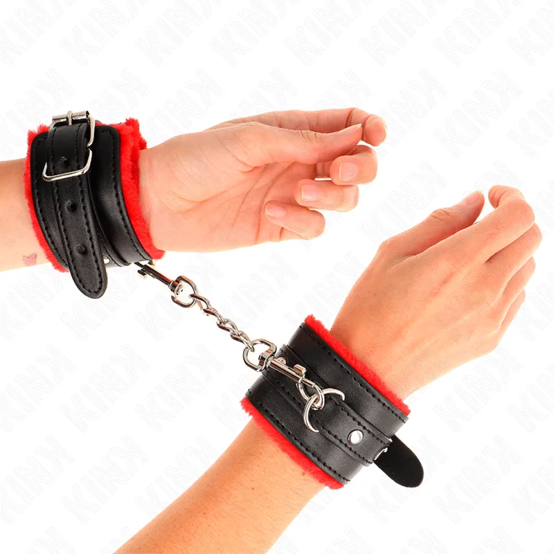 Kink - Premium Fur Lined Wrist Restraints Red with Black Belt Adjustable 17-29 cm X 6 cm