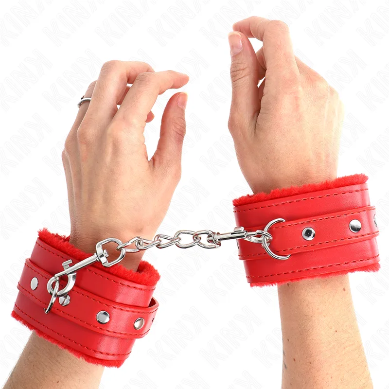 Kink - Premium Fur Lined Wrist Restraints Red with Red Belt Adjustable 17-29 cm X 6 cm