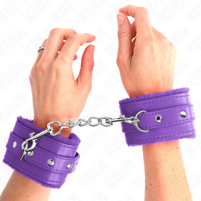Kink - Premium Fur Lined Wrist Restraints Purple with Purple Belt Adjustable 17-29 cm X 6 cm