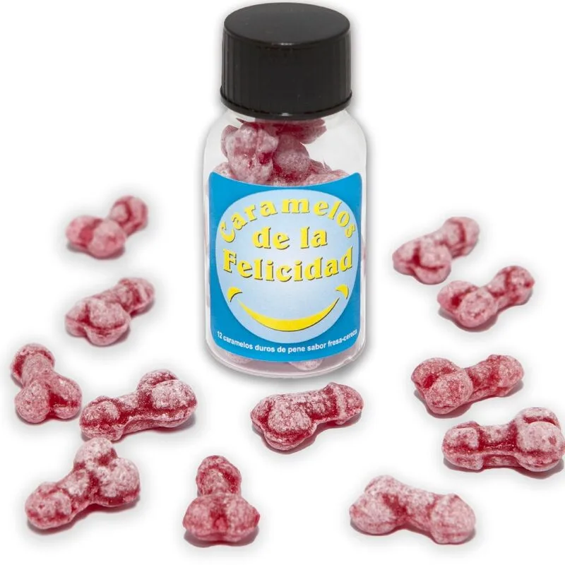 Diablo Picante - Pote com 12 Doces de Morango/Cereja em Formato de Pénis Feliz