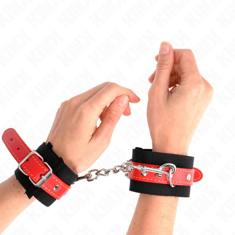 Kink - Nylon Wrist Restraints Black with Leatherette Red Adjustable 19-24 cm X 5.5 cm