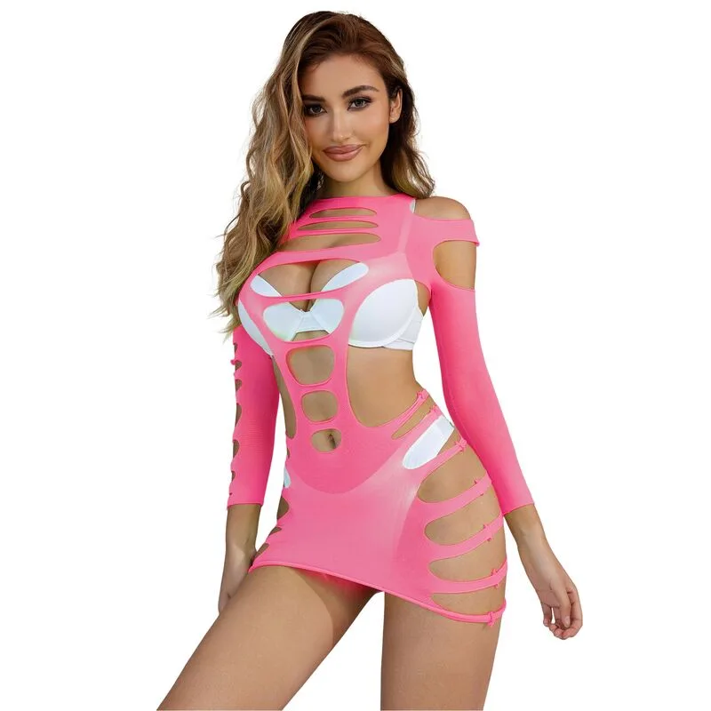 Subblime - 952273 Long Sleeve Elastic Fishnet Dress Pink One Size