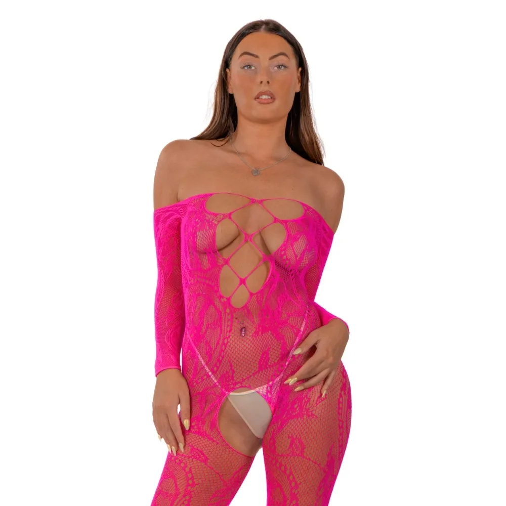 Lace by LJ Lace Up Front Crotchless Bodystocking Fuchsia