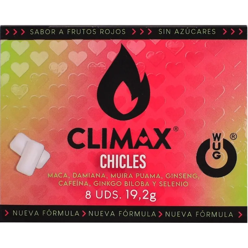 WUG Climax - Goma de mascar funcional com Maca, Damiana e Ginseng para aumentar o desejo e a vitalidade íntima. Cartela com 8 unidades.