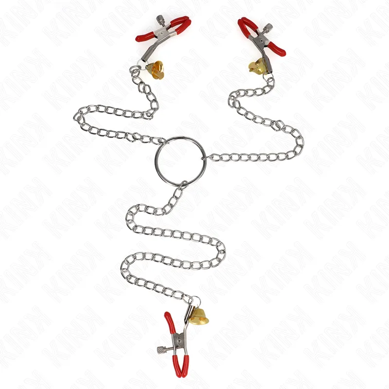 Kink - Bell Triple Nipple and Clit Clamps Red with Chain 30 cm